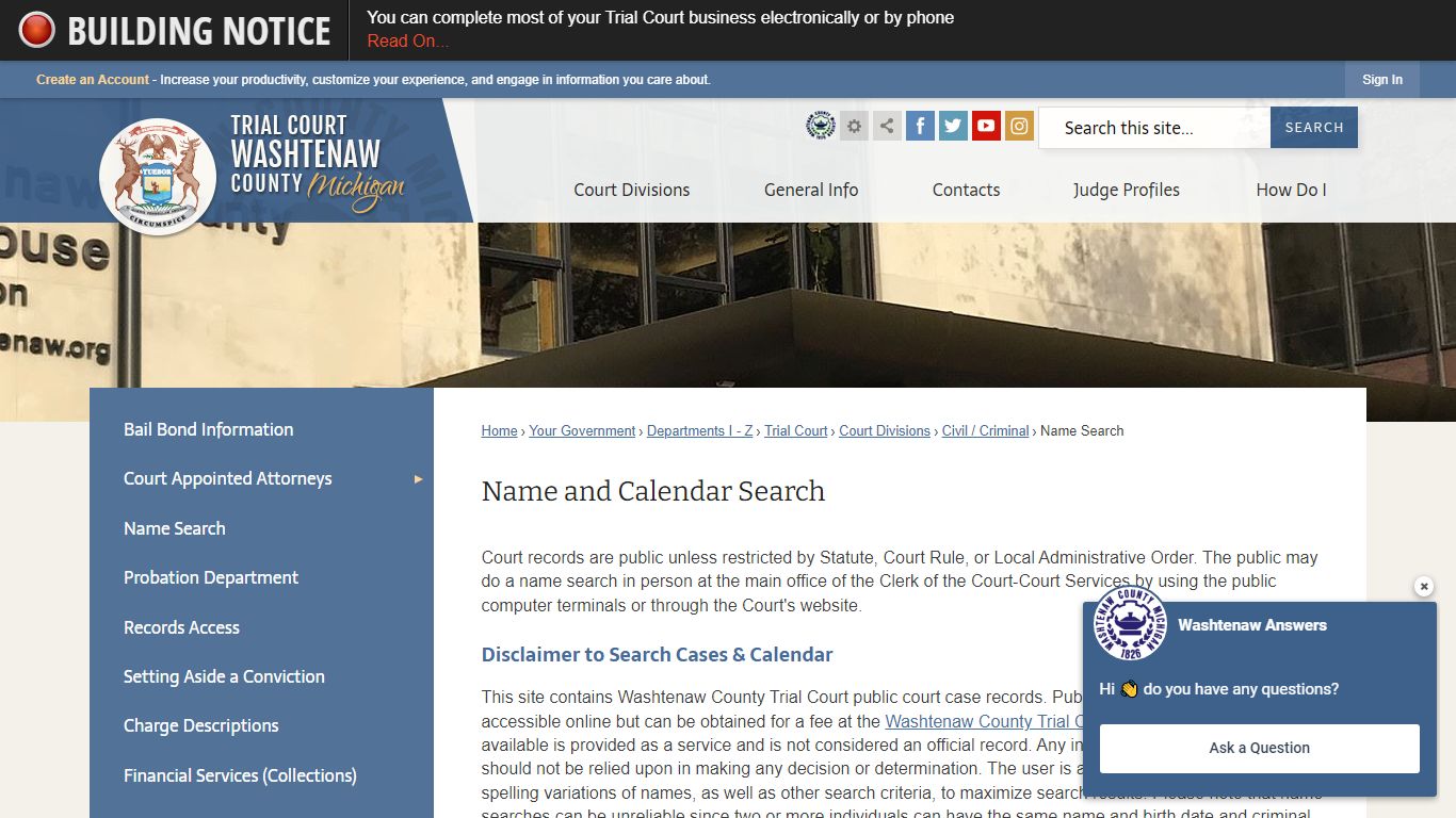 Name and Calendar Search | Washtenaw County, MI